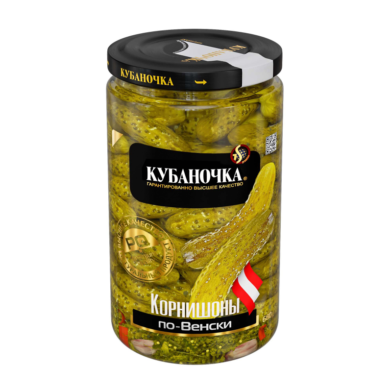 картинка Кубан КОРНИШОНЫ БОЛЬШАЯ По-Венски огурцы 680гр от нашего магазина